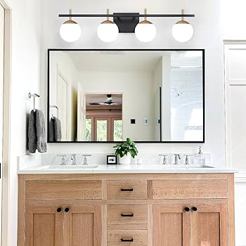 Modern bathroom vanity with natural wood cabinetry