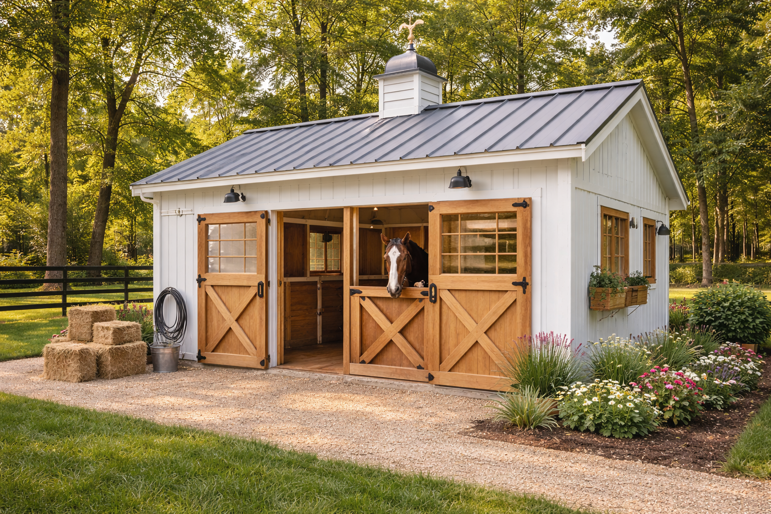 Custom white barn with sliding doors