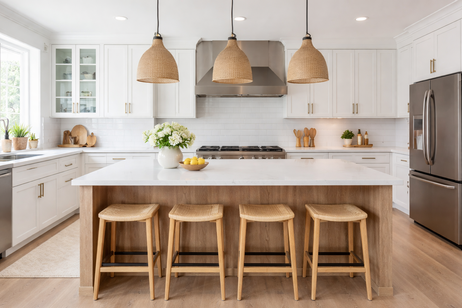 Modern coastal kitchen with white cabinets and wood island