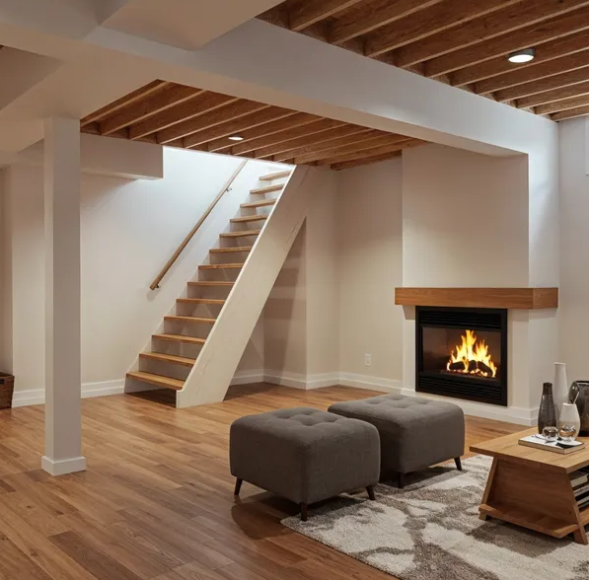 Beautifully remodeled basement living space with exposed wooden beams, open staircase, and corner fireplace